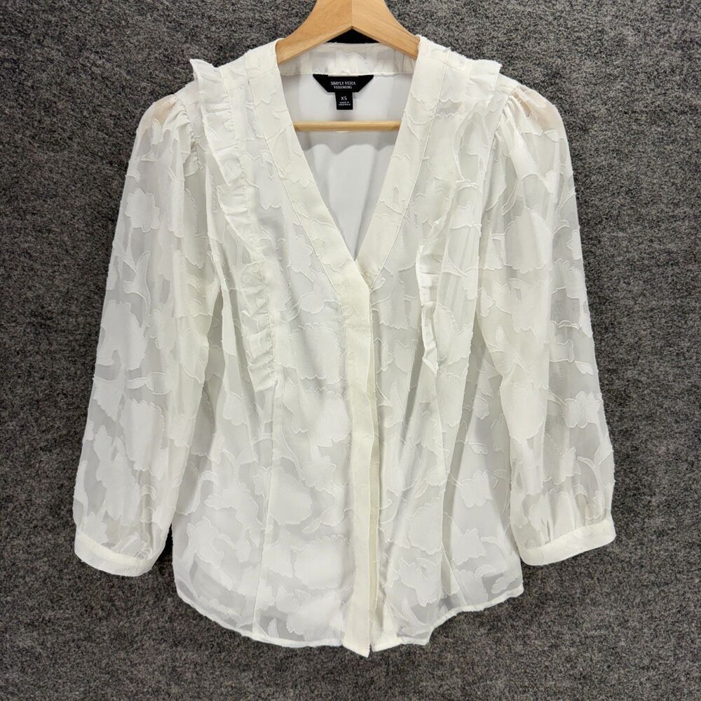 Simply Vera Vera Wang Shirt Women XS White Floral Button Up V-Neck Long Sleeve
